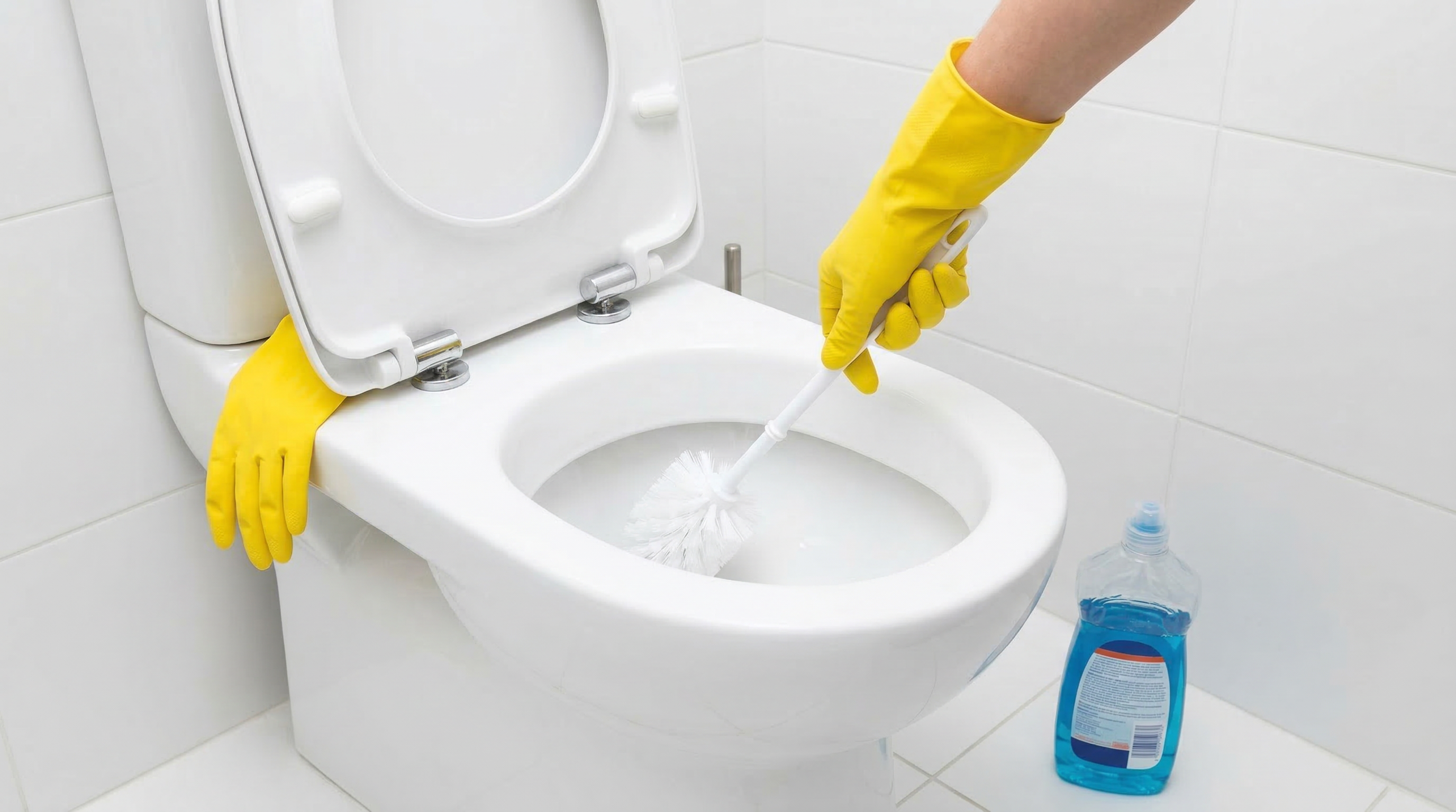 Cuvette de toilettes en cours de nettoyage avec une brosse WC et des gants de protection