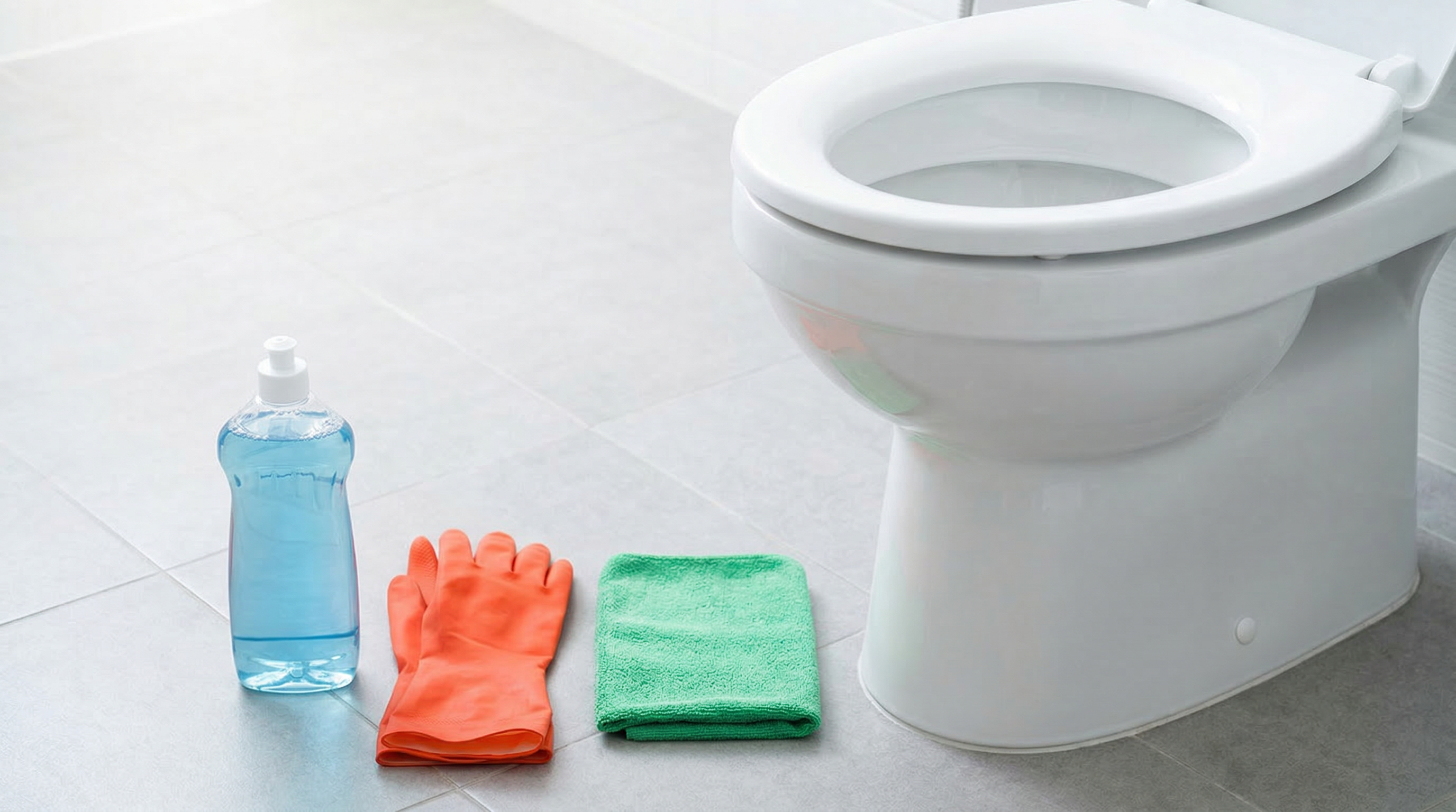 Cuvette de toilettes en cours de nettoyage avec une brosse WC et des gants de protection