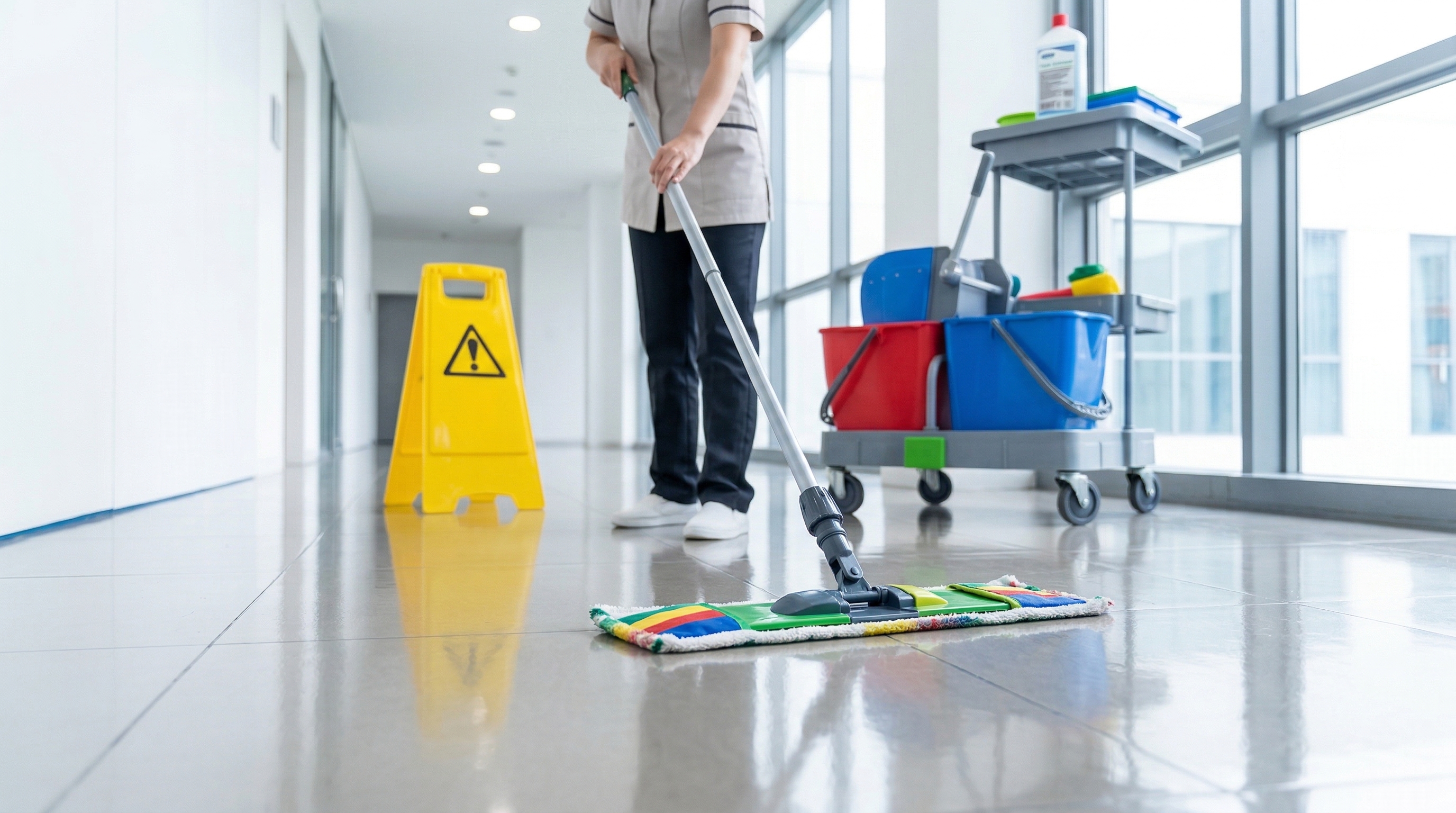 Nettoyant sol professionnel utilisé sur un carrelage dans un environnement de collectivité