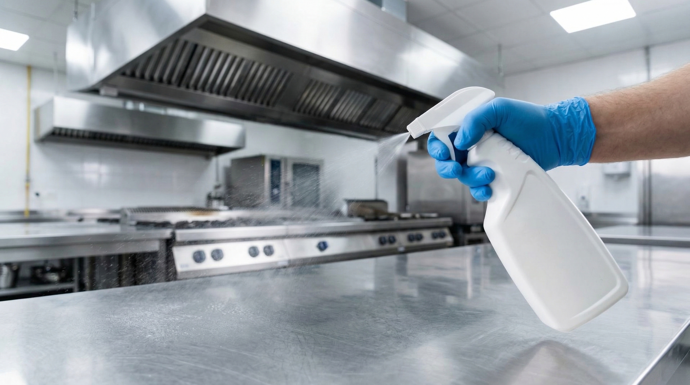 Dégraissant professionnel pulvérisé sur une surface en inox dans une cuisine professionnelle