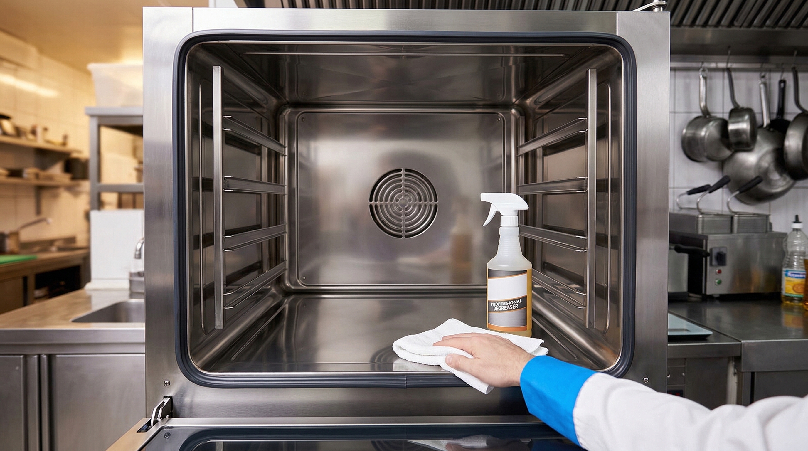Dégraissant professionnel pulvérisé sur une surface en inox dans une cuisine professionnelle