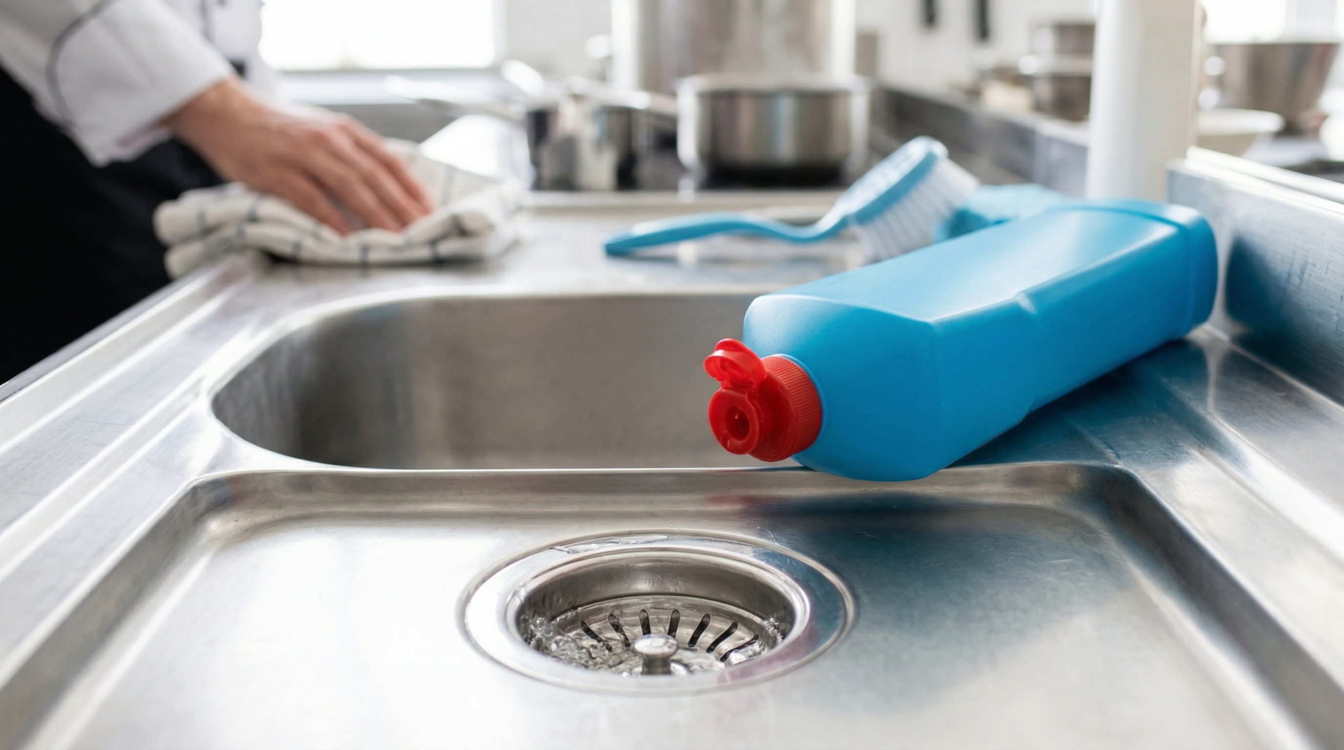 Siphon de canalisation sous un évier professionnel avec eau stagnante illustrant les causes de mauvaises odeurs